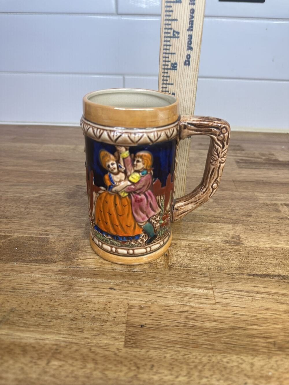 German Style Ceramic Beer Stein Mug Raised Relief Dancing Couple Scene